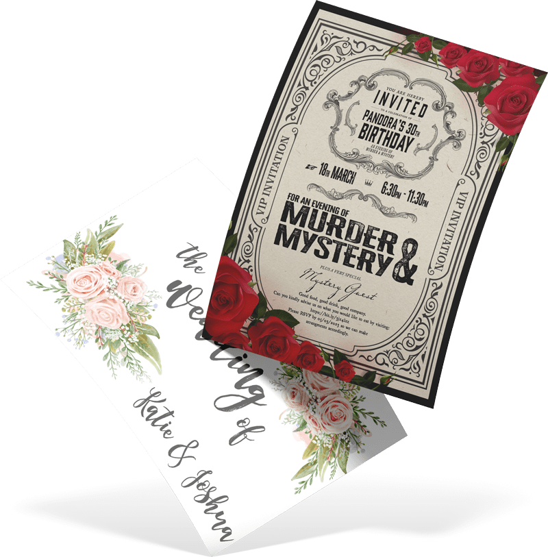 bespoke invitation printing - murder mystery invite and wedding invite